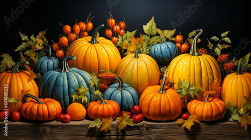 colorful pumpkins on the wooden table  autumn decoration