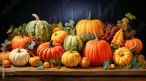 Various pumpkins with autumn leaves as decoration