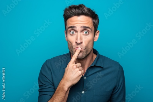 Lifestyle portrait photography of a satisfied boy in his 30s making a silence gesture by putting the index finger on the lips against a turquoise blue background. With generative AI technology