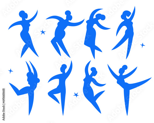 Dancing women.Contemporary silhouette organic shapes,hand drawn blue female roundelay.Flat human figures,bodies moving.Fashion modern trendy poster.Can use every girl apart.Isolated. Vector