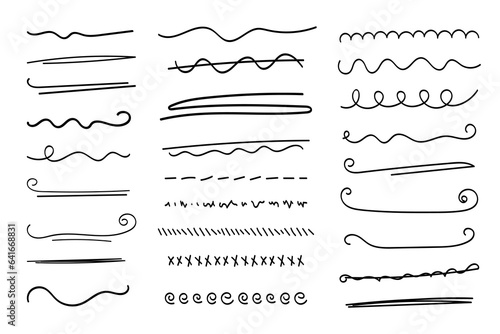 Underlines hand-drawn set. Hand-drawn dividers, separators, borders, collection of doodle style various art accentuation elements for text decoration. Isolated. Vector illustration