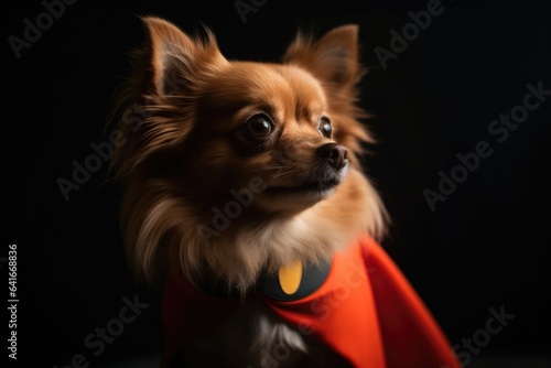 A small dog dressed as a superhero, with a cape and a mask. Halloween costume and party. Generative AI © Regina