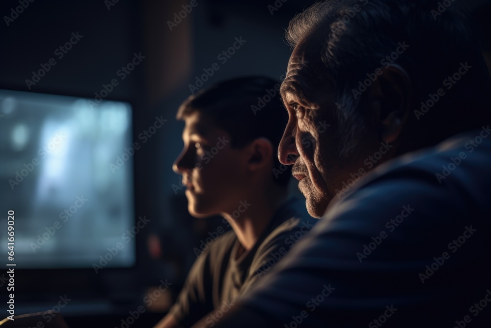 A grandchild and grandfather watching a movie or sports game together at home in a comfortable living room or entertainment area, relaxed and enjoyable moments of shared entertainment. Generative AI A grandchild and grandfather watching a movie or sports game together at home in a comfortable living room or entertainment area, relaxed and enjoyable moments of shared entertainment. Generative AI