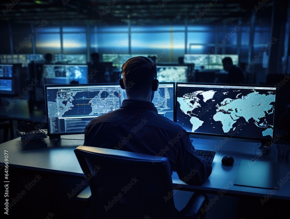 Generative AI illustration of back view of anonymous male with headphones worker sitting at table in dark room near multiple computer screen with maps Generative AI illustration of back view of anonymous male with headphones worker sitting at table in dark room near multiple computer screen with maps