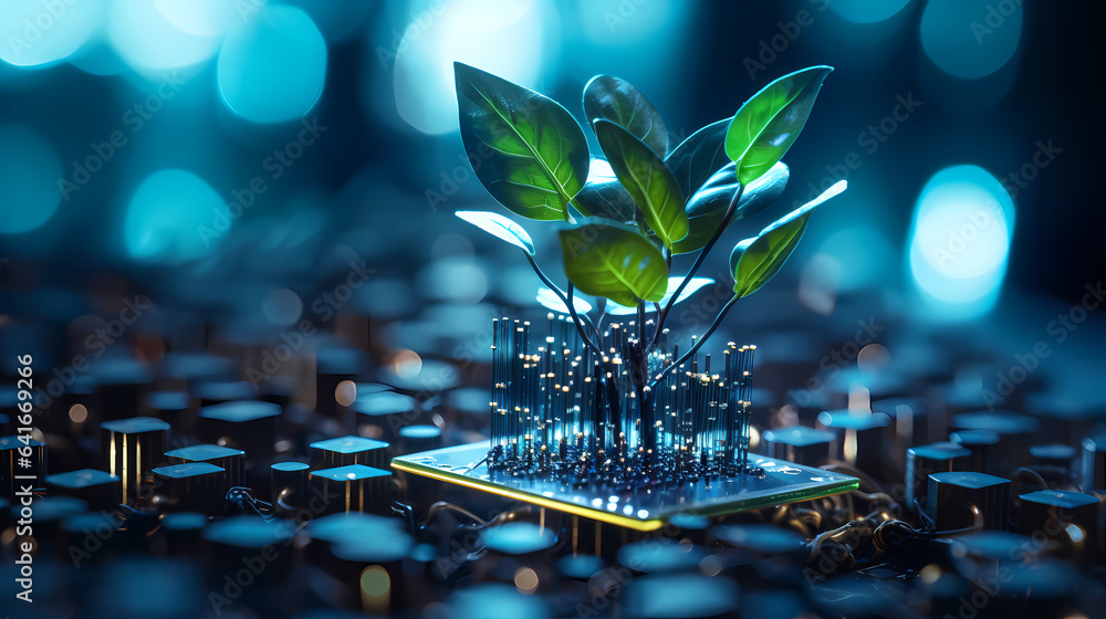  glowing plant growing on computer chip representing digital ecology business with blurred background - obrazy, fototapety, plakaty 