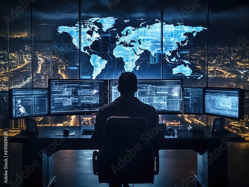 Generative AI illustration of back view of unrecognizable male worker with headphones sitting at desk with computers in dark room