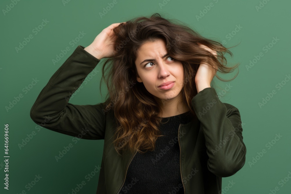 Medium shot portrait photography of a satisfied girl in her 20s scratching head in gesture of confusion against a green background. With generative AI technology Medium shot portrait photography of a satisfied girl in her 20s scratching head in gesture of confusion against a green background. With generative AI technology