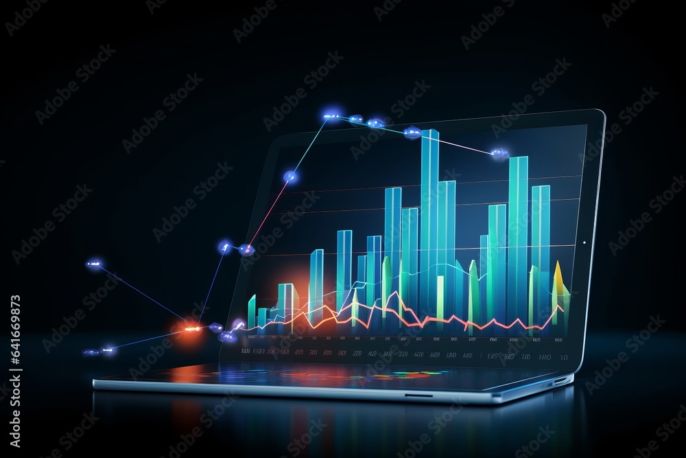 Business 3d tablet virtual growth arrow financial graph on digital technology strategy background with finance data marketing chart analysis report, Generative AI - obrazy, fototapety, plakaty 