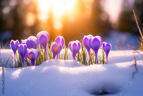Spring landscape with first flowers purple crocuses on the snow in nature in the rays of sunlight. Generative AI
