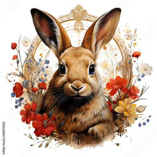 A watercolor painting of a rabbit wearing a T-shirt adorned with an intricate tapestry of blooming wildflowers, Generative Ai