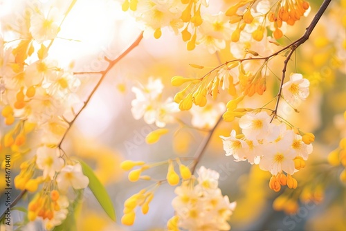 Beautiful blurred spring background image with branches of flowering myiosa in nature in the rays of sunlight outdoors  Generative AI