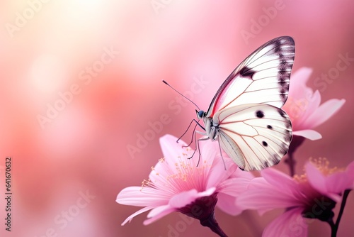 Delicately pink romantic natural floral background with a white butterfly on flower in soft daylight with beautiful bokeh and pastel colors, close-up, Generative AI