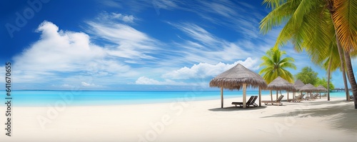 Panorama beautiful beach with white sand, turquoise ocean and blue sky with clouds on Sunny day. Summer tropical landscape with green palm trees and Straw umbrellas with empty copy, Generative AI © Picture Perfection