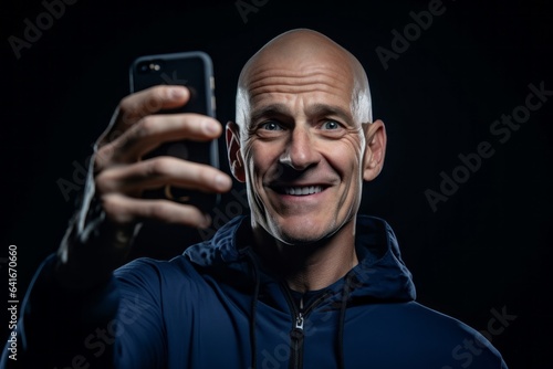 Fotografia Medium shot portrait photography of a joyful mature man taking a selfie with his mobile against a deep indigo background