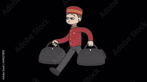 White male bellboy runs holding suitcases. Looped 4K video with alpha-channel.
