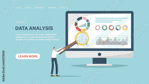 Vector illustration for poster, website or web page, banner. Data analysis, analysis of income and expenses enterprise, assessment of profitability and investment attractiveness, economic calculations