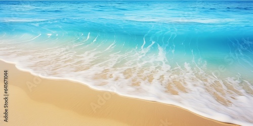 Beautiful tropical wave of summer sea surf. Soft turquoise blue ocean wave on the golden sandy beach  Generative AI