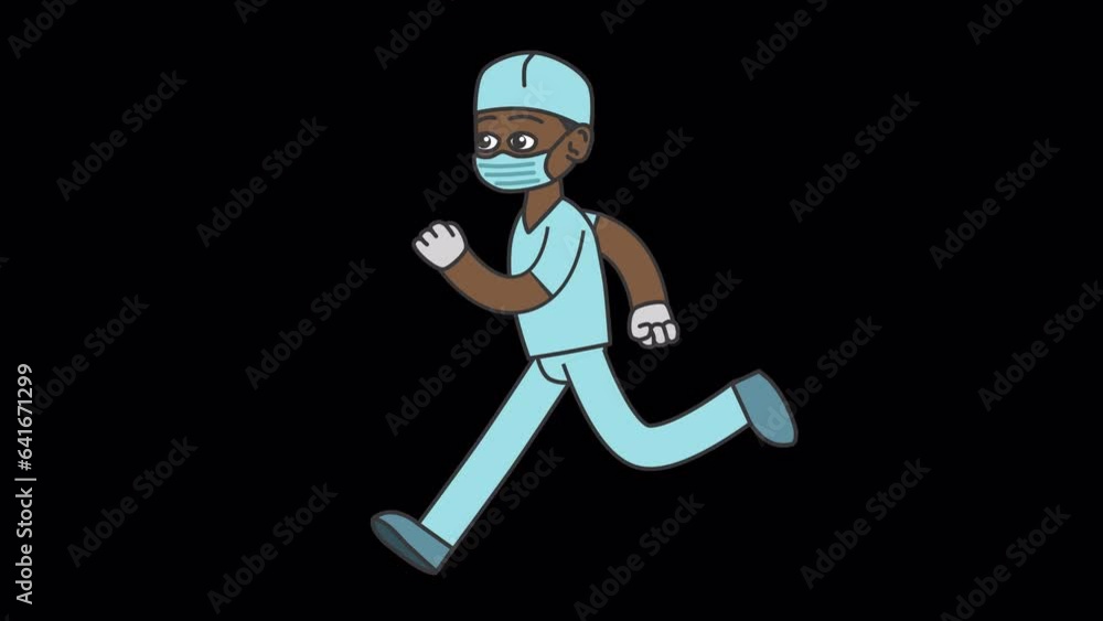 Black male nurse runs to his patient. Looped 4K video with alpha-channel.