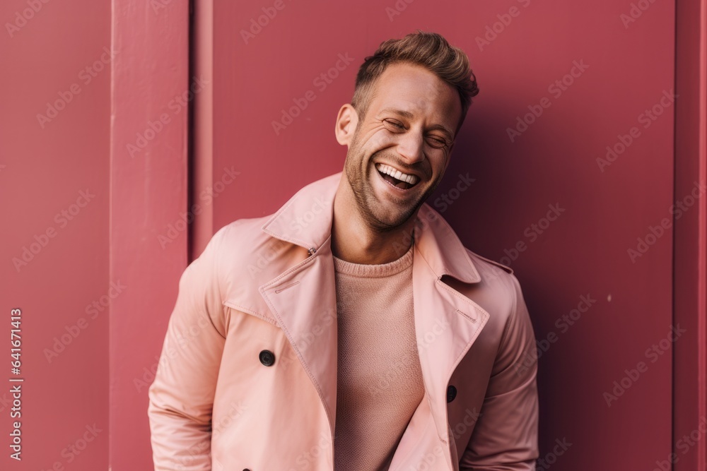 Lifestyle portrait photography of a happy boy in his 30s covering one eye against a dusty rose background. With generative AI technology Lifestyle portrait photography of a happy boy in his 30s covering one eye against a dusty rose background. With generative AI technology