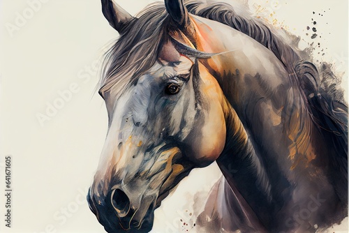 Head portrait of calm horse on white background. Watercolor painting.