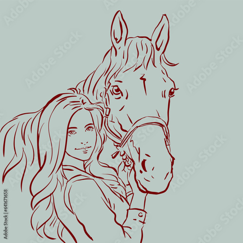 horse head  and woman vector for card decoration illustration