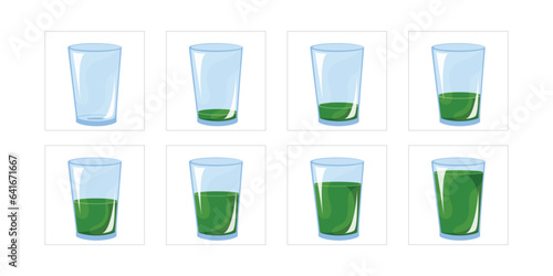 Set of glasses kiwi juice animation frames set. Liquid juice animated frames. set of glass of water 2d cartoon animation.