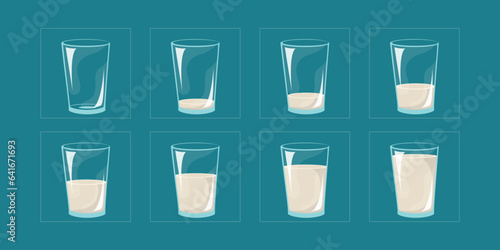 Set of glasses milk animation frames. 2d cartoon liquid animated frames. set of glass of Milk animation.