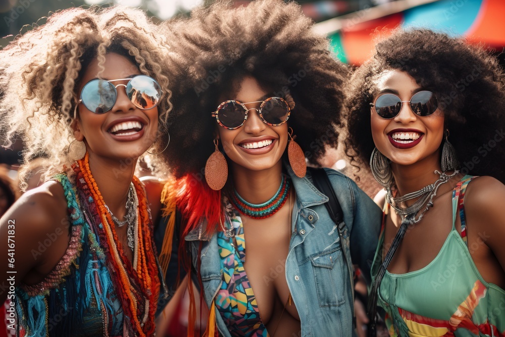 a photo of three diverse young women in stylish funky african clothes smiling at the colorful music festival, female friendship representation.