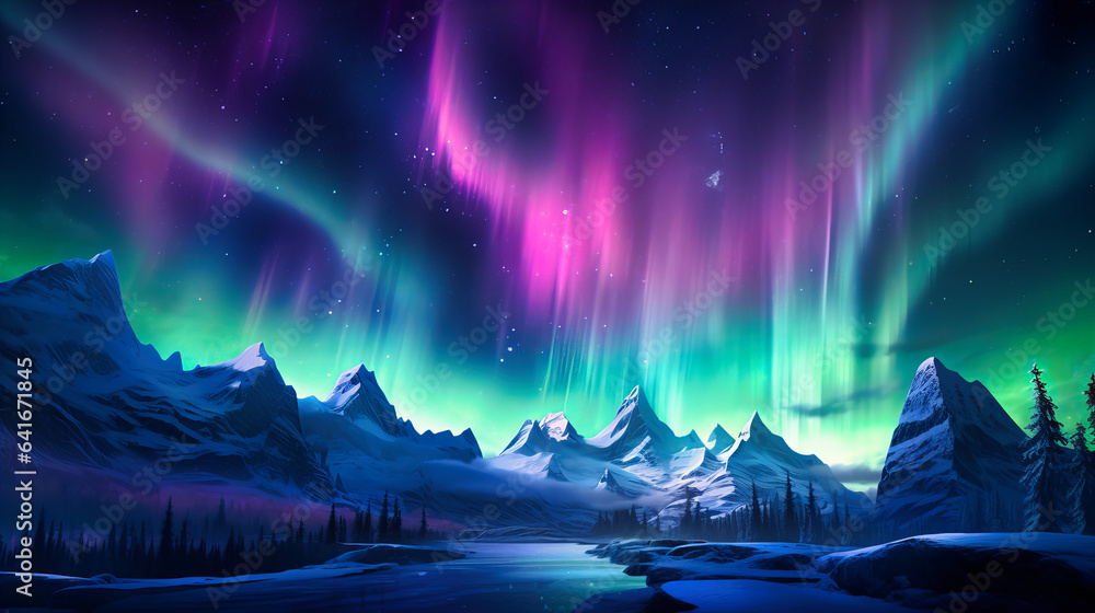 Neon brushstrokes painting the auroras of an abstract northern sky