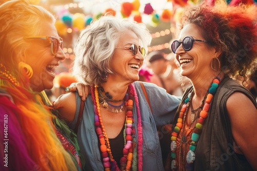 a photo of three diverse middle-aged mature women in stylish funky african clothes smiling at the colorful music festival, mature friendship representation.