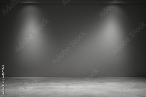 Empty gray background and spotlight with studio for showing or design. Blank backdrop made from cement material. Realistic 3D render, Generative AI