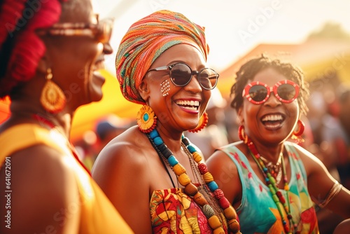 a photo of three diverse middle-aged mature women in stylish funky african clothes smiling at the colorful music festival, mature friendship representation.