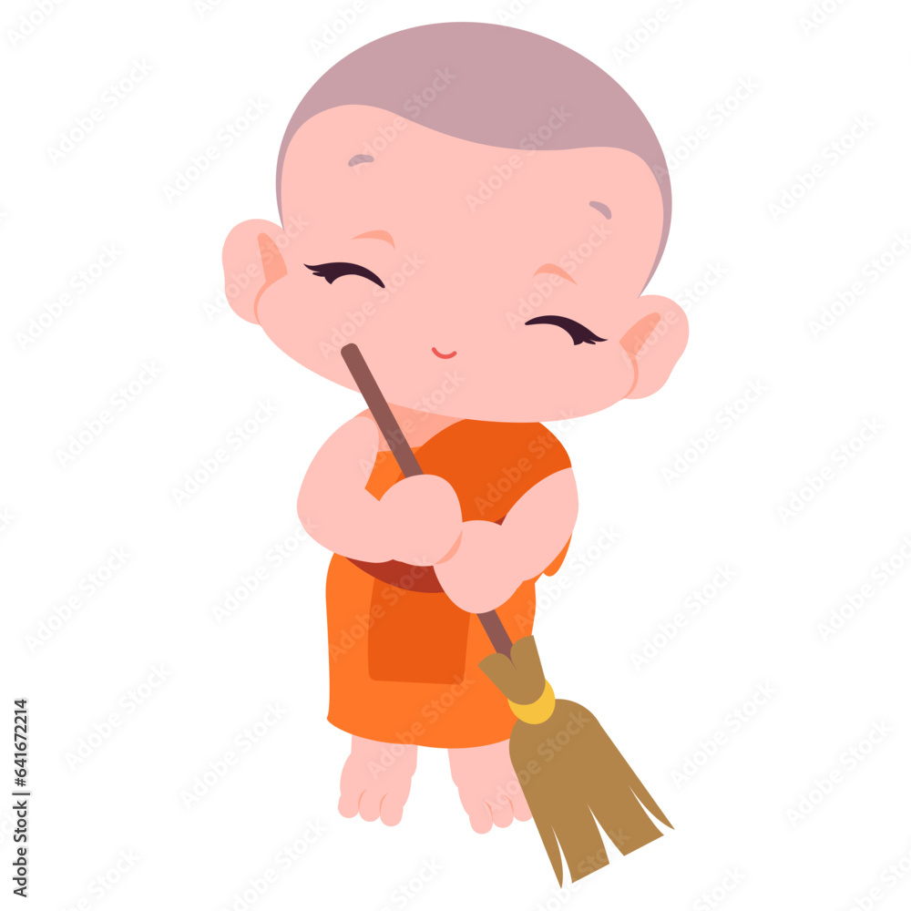Novice monk sweeping flat illustration Novice monk sweeping flat illustration