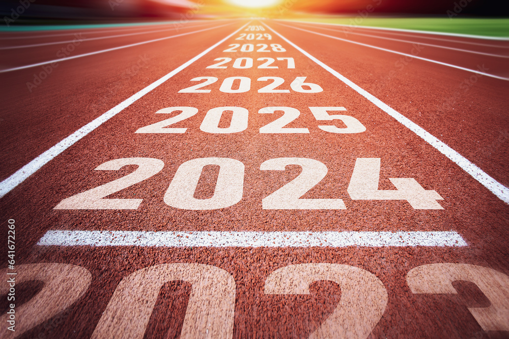 Start of new year. Changes of year 2024, 2025, 2026 on Running track. Concept of new ideas starting in new year, planning along with setting objectives to set KPI goals for success in life. - obrazy, fototapety, plakaty 
