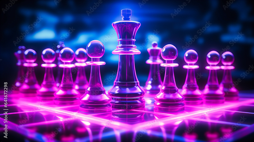 Abstract neon chess pieces in mid-game on a glowing board Abstract neon chess pieces in mid-game on a glowing board