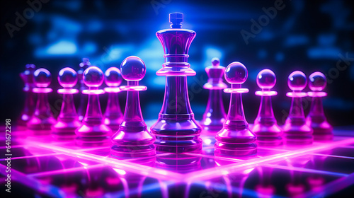 Abstract neon chess pieces in mid-game on a glowing board photo