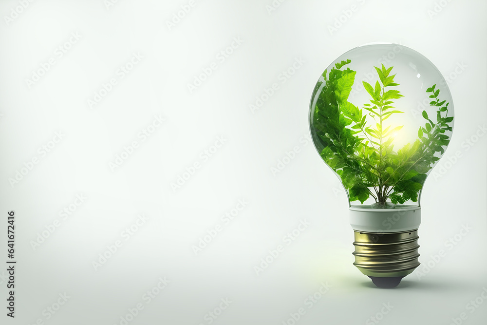 Green concept green light bulb with green life and enviroment