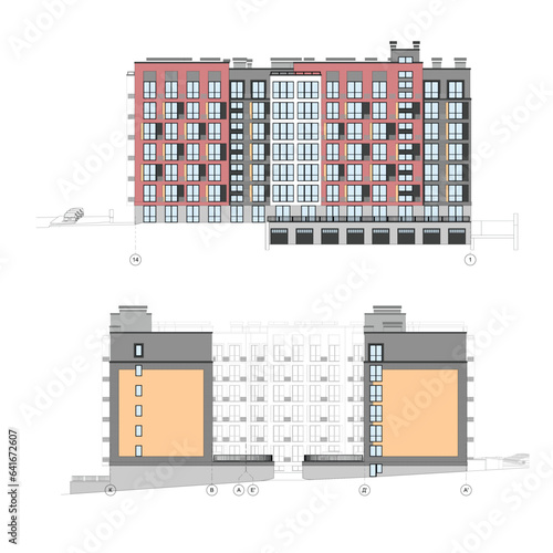 Vector architectural project of a multistory building facades