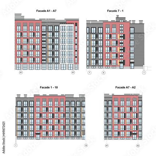 Vector architectural project of a multistory building facades