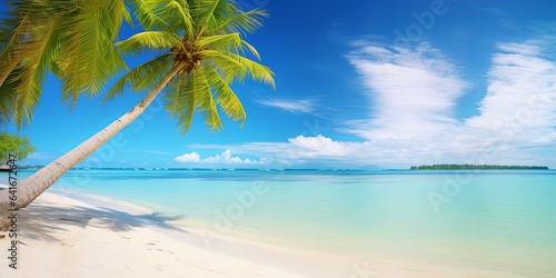 Beautiful natural tropical landscape, beach with white sand and Palm tree leaned over calm wave. Turquoise ocean on background blue sky with clouds on, Generative AI