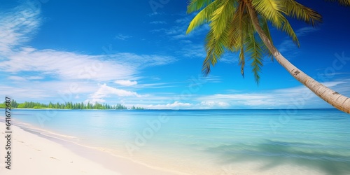 Beautiful natural tropical landscape  beach with white sand and Palm tree leaned over calm wave. Turquoise ocean on background blue sky with clouds on  Generative AI