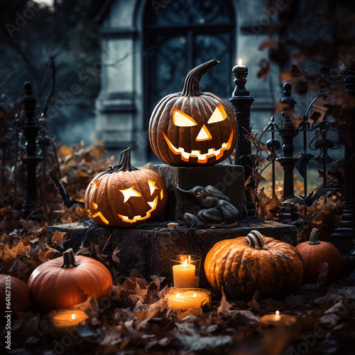 halloween spooky pumpkins, candles and autumn leaves © photalinka