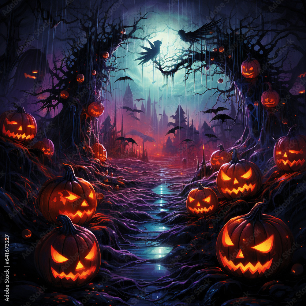 halloween neon background with pumpkins