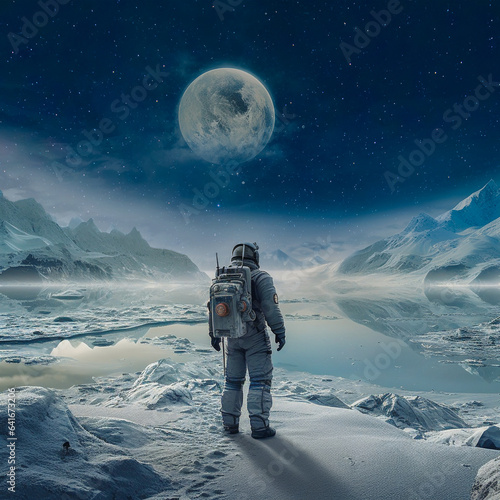Astronaut on a cold snowy planet. Snowy winter landscape of Antarctica with a view of the planets. The astronaut looks into the cold future. Generative Ai