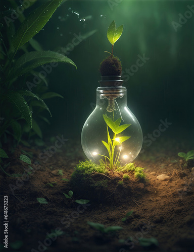 Green concept green light bulb with green life and enviroment