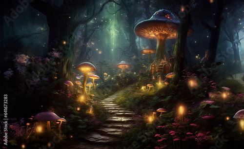 Magical fantasy fairy tale scenery, night in a forest. Generative Ai © Franco Tognarini