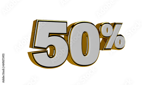 3D Render Percentage number 50% white and gold color sale discount, sale product, report, progress, transparent