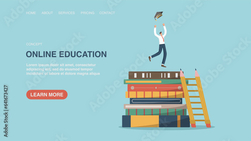 Vector illustration for poster, website or web page, banner. Online education, getting new knowledge, concept of reading books for the development of intellect and thinking, advanced training courses.
