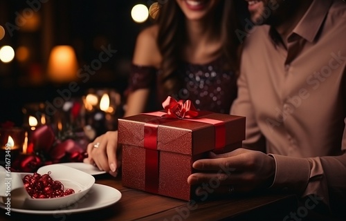 On Valentine\'s Day, a young couple sits at a restaurant table and the man gives a gift box to the young woman. The close-up shot has a selective focus. Generative AI