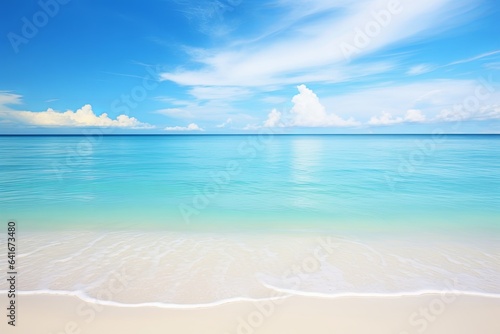 Beautiful sandy beach with white sand and rolling calm wave of turquoise ocean on Sunny day. White clouds in blue sky are reflected in water. Maldives, perfect scenery landscape, copy, Generative AI